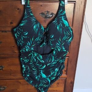 Teal Leaf Print Black One-Piece Swimsuit